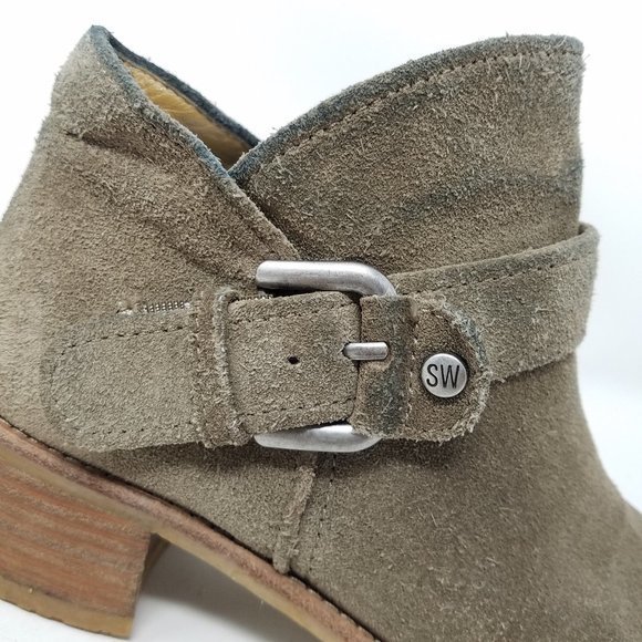 Stuart Weitzman shoes green/brown suede buckle panel ankle booties 4.5M - Picture 9 of 12